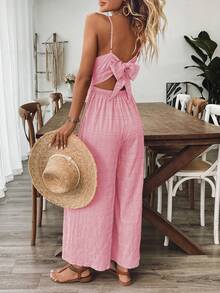 Breezaya Bộ jumpsuit nữ cổ chữ V hở lưng thắt nơ, màu đỏ hồng, thích hợp cho mùa xuân/hè. - Hồng - Xem 2