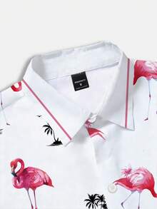 Manfinity Homme 男士夏威夷火烈鸟印花衬衫，休闲夏季度假衬衫，百搭适合所有人，男士休闲衬衫，送给男友、丈夫、家人的绝佳礼物，适合日常海滩穿着 - 彩色 - 查看 5