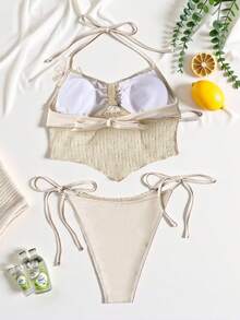 Swim SXY 女士春夏网纱背心吊带比基尼碎花泳衣套装，性感沙滩泳装 - 杏色 - 查看 8