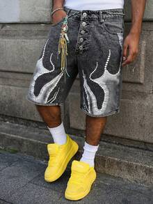 Manfinity EMRG Men's Button Front Pocket Loose Casual Denim Capri Pants - Dark Grey - View 6