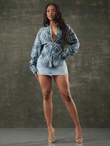 Denimoi 扭结前襟低领格子上衣 - 霧霾藍 - 查看 3