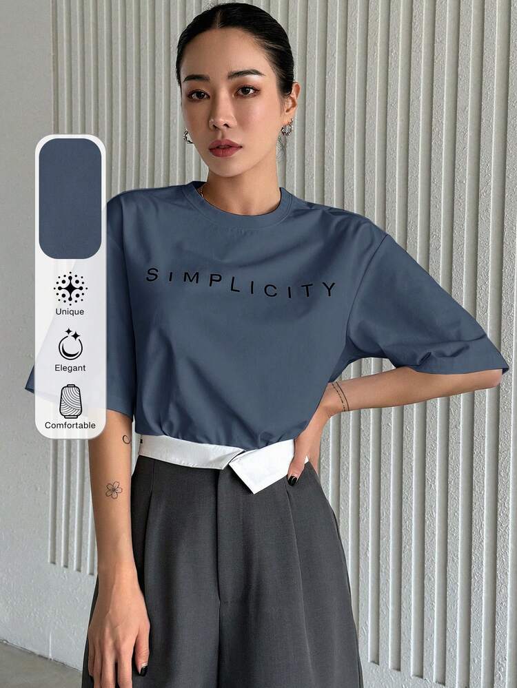 Letter Print Loose Fit Round Neck Short Sleeve T-Shirt For Women Summer