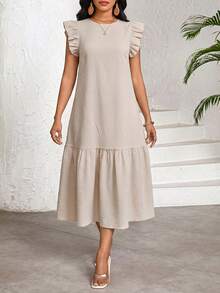 SHEIN Lady 女士纯色圆领褶皱休闲派对旅行中长连衣裙 - 卡其色 - 查看 3
