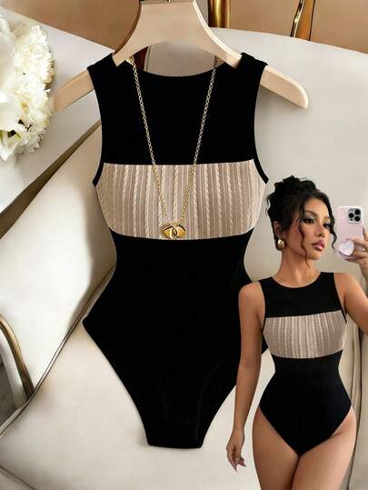 Elenzga New Arrival Spring/Summer Sexy & Casual Sleeveless Knit Patchwork Romper, Versatile & Elegant Daily/Beach Vacation Wear For Women