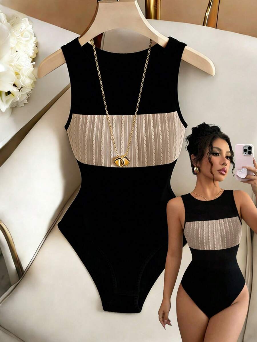 Elenzga 新款春夏性感休闲无袖针织拼接连体裤，百搭优雅，适合日常/海滩度假穿着，女士必备 - 彩色 - 查看 1