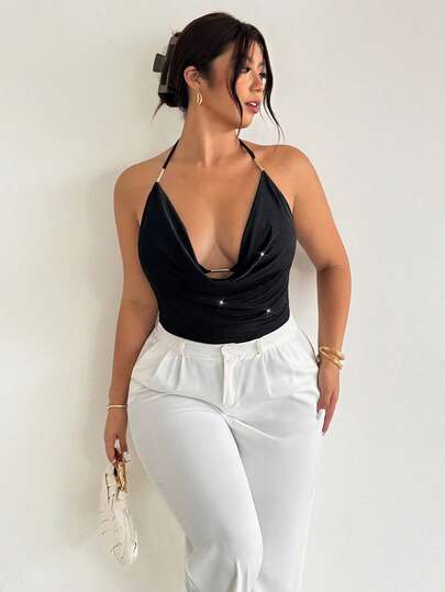 Firerie Plus Size Sexy Backless Draped Neck Bodysuit, Suitable For Commuting, Party, Music Festival, Vacation, Metal Decor, Deep Draped Neck, Ruched, Elegant/Valentine's Day/Concert/Performance/Date/Formal Dinner/Prom/Wedding Season/Sexy/Elegant/Commuting/Back To School/Vacation/Beach/Elegant Romantic/Office Fatale/Mermaid Style/Birthday Party Bodysuit Plus Size Plus Size Club Outfits Zante Holiday Outfit Black BodySuit For Women