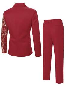 Manfinity Bizformal Men's Shiny Sequin Plant Printed Suit Blazer And Pants Set, Fashion For Party And Performance Tuxedo Suit, Formal, Ceremony - Burgundy - View 2