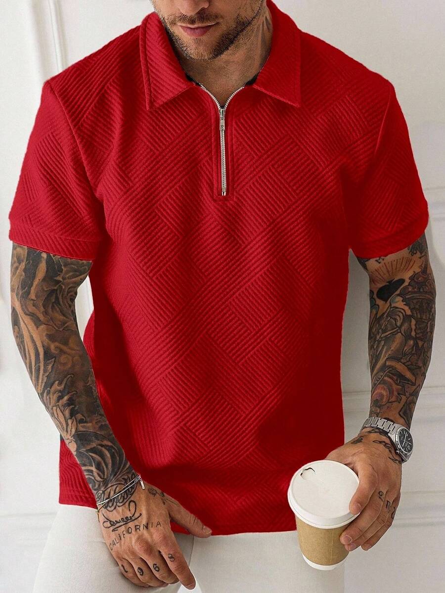 Manfinity Homme 男士休閒純色短袖 Polo 衫,夏季紅色拉鍊紋理襯衫,正式款 - 紅色 - 查看 1