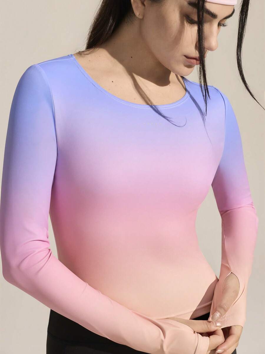 Exploreva Women's New Gradient Reflective Stripe Long Sleeve Thumb Hole Activewear Top - Multicolor - View 1