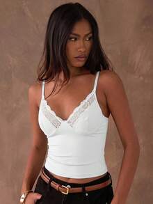 SHEIN BAE Áo hai dây ren phối màu trơn thanh lịch dành cho nữ, thích hợp cho mùa hè. - trắng - Xem 4