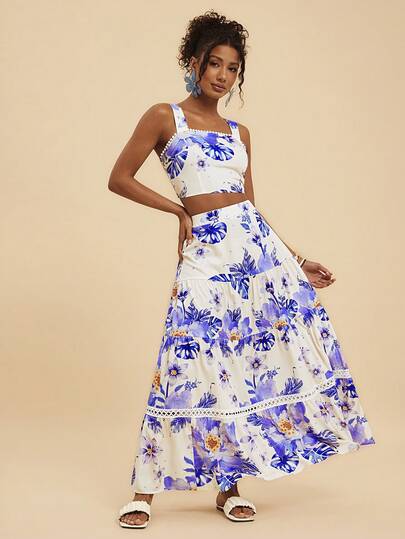 Travachic Women's Tropical Plant Print Thick Strap Tank Top And Skirt Set, Vacation