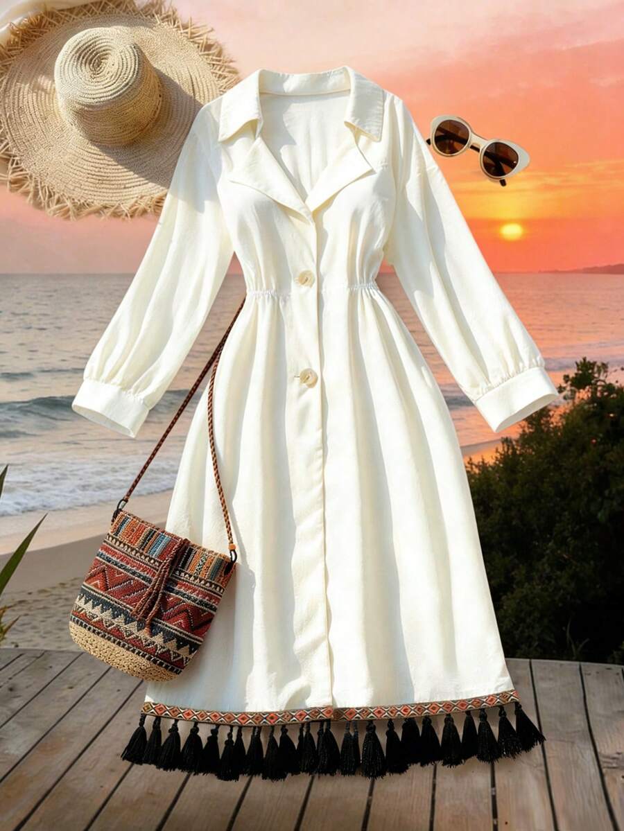 GlowEve Women's Single-Breasted Pleated Fringe Design Fashionable Chic Dress - Apricot - View 1