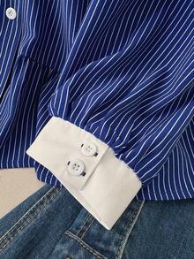 SHEIN CURVE+ Plus Size Women Plus Size Blue Striped Plus Size Blue Shirt Versatile Daily Shirt/2026 /New Year - Blue and White - View 5