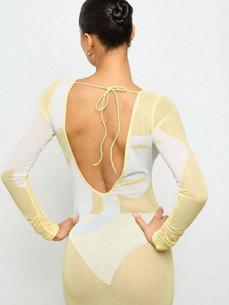 Long Sleeve Mesh Maxi Dress With Open Back