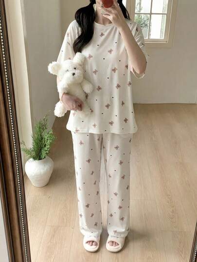SHEIN Teen Girls Cute Colorblock Bear Print Round Neck Short Sleeve Top And Loose Pants 2pcs Pajama Set