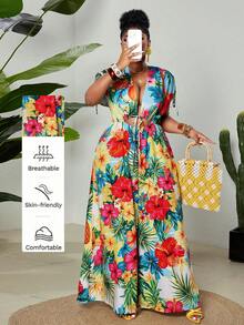 Maweii Jumpsuit Wanita Ukuran Besar Berwarna-warni dengan Potongan Kaki Lebar dan Tali Depan untuk Liburan, Cocok untuk Pakaian Tropis Musim Panas untuk Wanita - MultiWarna - View 1