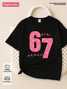 Sparklyn 夏秋女童休闲时尚创意个性清新简约别致数字67粉色星星图案字母标语印花舒适基础款短款T恤，温暖舒适的夏秋款式，适合女孩穿着。 - 黑色 - 查看 8