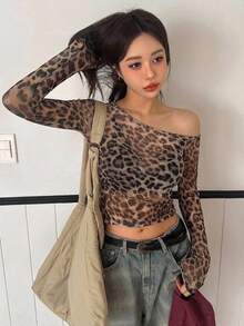 DAZY Camiseta de manga larga con estampado de leopardo de malla para mujer, de verano - Marrón - Ver 5