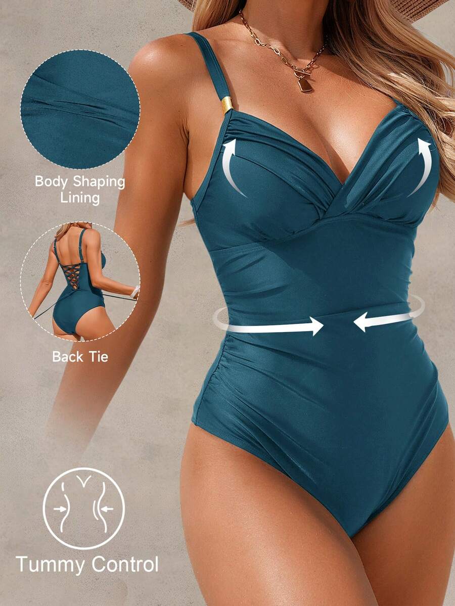 Shapewave 26SS 春夏度假系列成熟优雅收腹裹胸连体泳衣，黑色