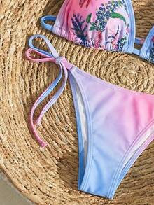 SHEIN Swim Plus Size Swimwear Set, Faux Pearl Embroidery Printed Pattern, Sweet European And American Style - Multicolor - View 3
