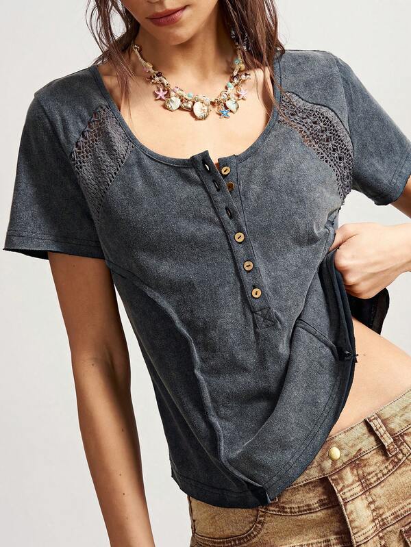 Bohemela Women's Casual Solid Color Knit Contrast Lace Long Sleeve T-Shirt