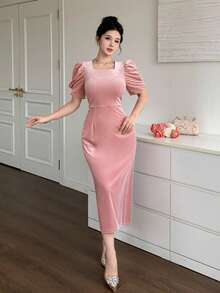 DAZY Vestido elegante de unicolor con mangas abullonadas, verano - Rosa - Ver 7
