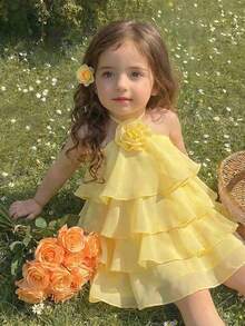 Babygirl Cute & Elegant Yellow Ruffle Floral Sleeveless Dress Spring Baby Dresses Vestidos Elegantes Para Fiesta - Black - View 2