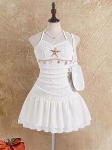 Sparklyn 少女度假休闲海星吊坠装饰无袖连衣裙 - 白色 - 查看 7