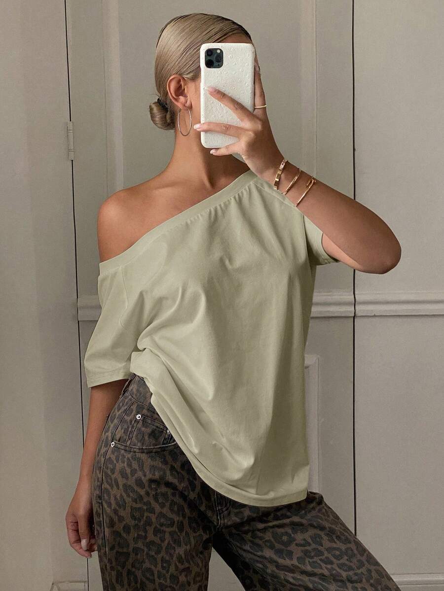 Livesso Damen Asymmetrisches Schulter Kurzarm T-Shirt für den Sommer - Aprikosenfarben - Übersicht 1