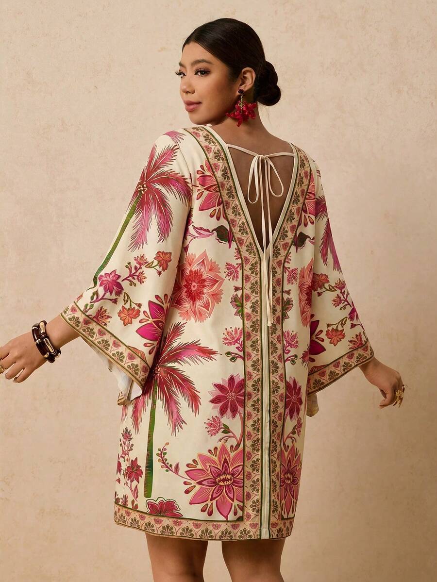 Travachic 大码女式紫红色和绿色热带花卉印花连衣裙,中长袖连衣裙,适合秋冬季节,宽松圆领短款连衣裙,露背系带连衣裙,罩衫连衣裙 - 杏色 - 查看 1
