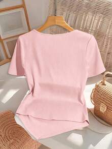 Everyssa Áo thun nữ trang trí nơ bất đối xứng - Hồng - Xem 2