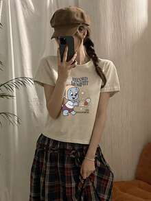 DAZY Women's Round Neck Fitted Printed Short Sleeve T-Shirt Graphic Tees Women Summer - Apricot - View 1