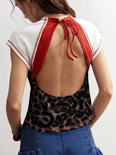 Bohemela Áo thun ngắn tay phối họa tiết da báo dành cho nữ, kiểu dáng thường ngày, hở lưng, thích hợp mặc mùa hè.