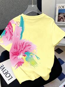 Resyla Camiseta holgada de cuello redondo con estampado floral colorido y efecto dopamina Y2K para mujeres - Amarillo - Ver 2