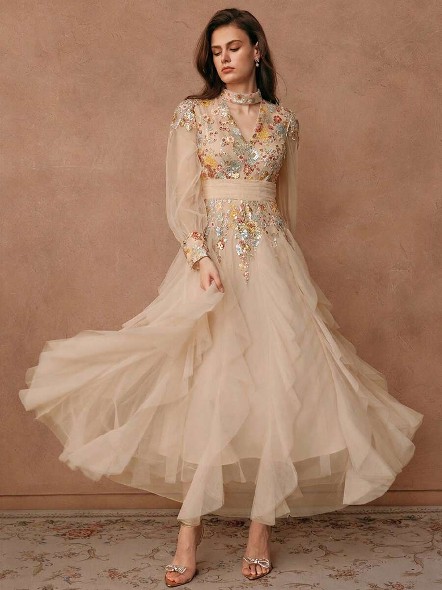 Anewsta Women's Elegant Beige Summer Wedding Guest Embroidered Dress,Long Sleeve Patchwork Pleated Mesh Long Formal Gown For Spring,Vacation,Festival,Party - Multicolor - View 1