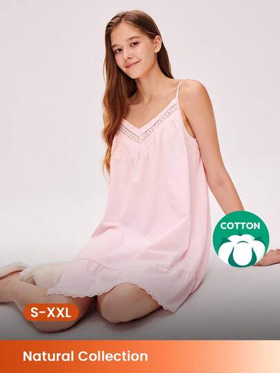 LUVLETTE Breathable 100% Pure Cotton Pink Floral Embroidered Lace Trim Sexy Nightdress Women Pijamas Airy Slip Dress Fashion Casual Comfy Outfits Lingerie As Outerwear Bridal Intimates& Pyjamadressing,Spring And Summer Pyjama Wedding Items