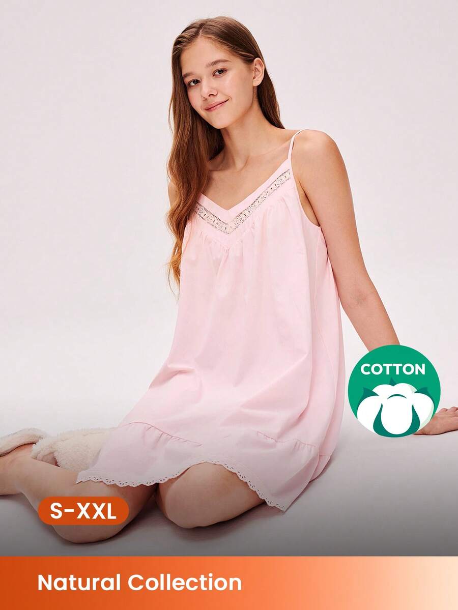 LUVLETTE 透气100%纯棉粉色花卉刺绣蕾丝边性感睡裙女士睡衣轻盈吊带裙时尚休闲舒适套装内衣外穿新娘内衣及睡衣，春夏睡衣婚礼用品 - 粉色 - 查看 1