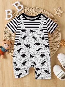 SHEIN Playful Pals Pelele de bebé niño con estampado a rayas de dinosaurio, diseño lindo y juguetón, adecuado para el verano - Multicolor - Ver 6
