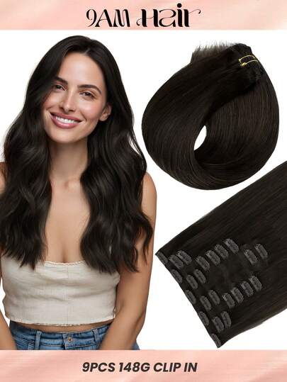 100%真人发接发 9片装 隐形直发夹式接发 14-24英寸 148克 深棕色 双层缝制夹式接发 Remy天然真人发