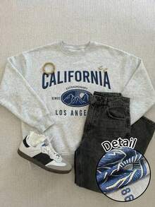 SHEIN EZwear 女士休闲圆领卫衣，女士休闲套装，加州印花 - 淺灰色 - 查看 8