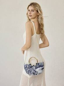 MOTF PREMIUM BOLSO DE MANO PARA MUJER, BOLSO DE TOTE SEMI-REDONDO CON BORDADO DELICADO - Azul Marino - Ver 9