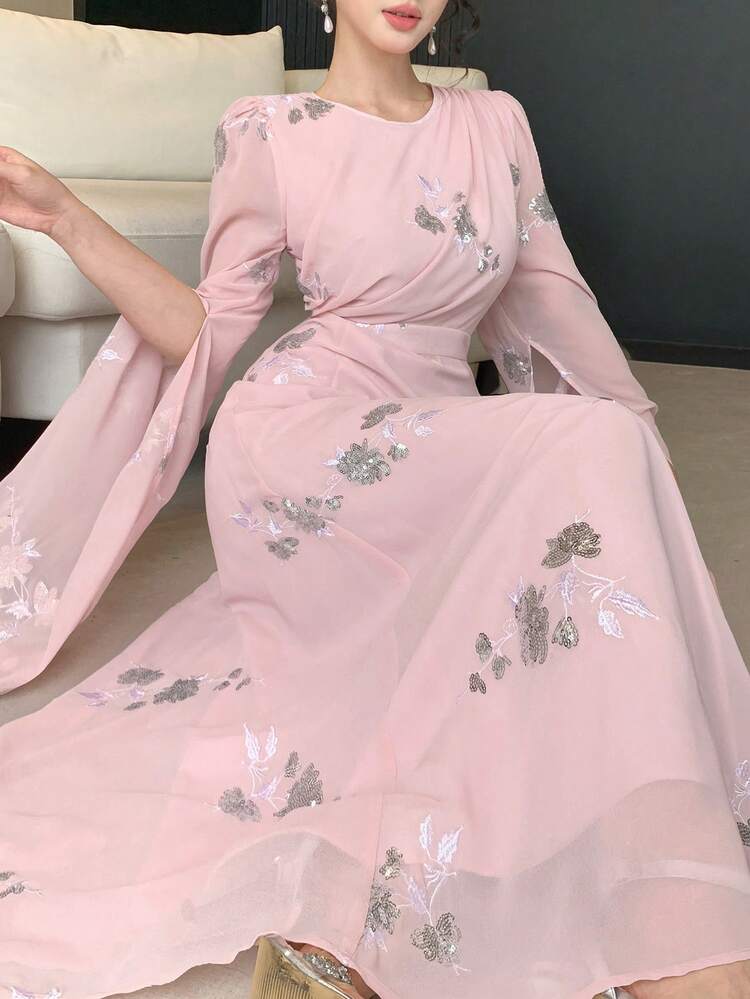 Elegant Mesh Sequin Embroidered Fitted Flare Sleeve Dress, Suitable For Summer Formal Occasions Floral Dresses For Women