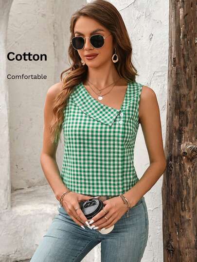 EMERY ROSE Summer Casual Simple White Short Sleeve Linen Women's Shirt For Mother's Day Or Work Gingham Topcheckered Topred And White Topred Tops For Woman>Casual