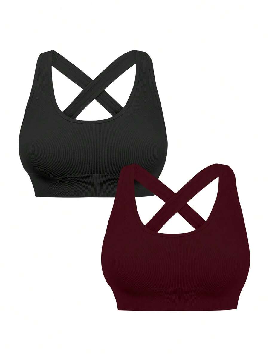 SHEIN Velisys Áo ngực thể thao nữ màu trơn, không đường may, kiểu dây chéo lưng, thích hợp mặc hàng ngày. - Nhiều màu - Xem 1