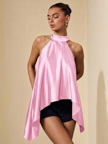 SHEIN BAE Olive Green Satin Halter Neck Backless Loose Maxi Dress, Suitable For Spring/Summer Vacation, Beach, Elegant Wedding Guest, Holiday, Autumn/Winter Evening Occasions, Christmas, Halloween - Baby Pink - View 3