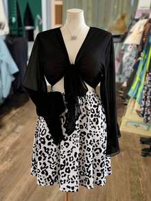Linhara Plus Size Women Solid Leopard Print Chiffon Cardigan & Shorts 2-Piece Set - Black - View 4