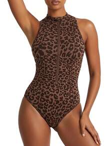 Dewbera Seamless Ribbed High Elasticity Yoga Fitness Casual Daily Sports Leopard Jacquard Jumpsuit - Brown - View 1