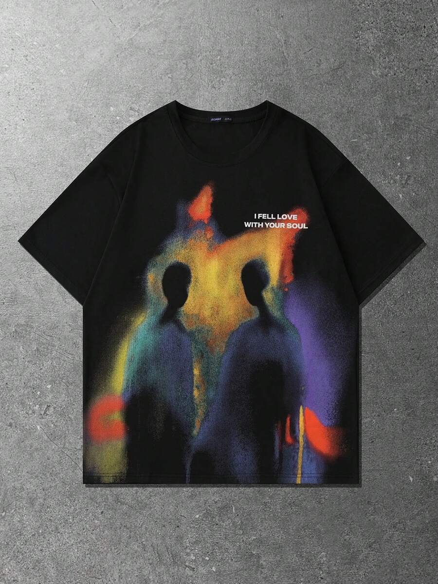 ROMWE MEN Street Life Camiseta masculina de manga curta com estampa térmica de silhueta urbana vintage, ideal para o verão. - Preto - Ver 1