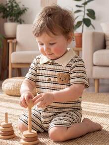 SHEIN 男女宝宝通用款休闲条纹短袖连体衣，适合春夏穿着，室内外皆可。 - 杏色 - 查看 10