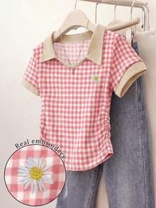 Resyla 粉色格子数码印花时尚简约女式修身Polo领T恤，送朋友的礼物 - 白色 - 查看 1